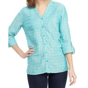 Kim Rogers Linen/Cotton 3/4 Sleeve Button Down Shirt Turquoise